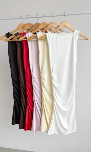 (MCV3) Vestido Corto Cuello Redondo Frunces Microfibra